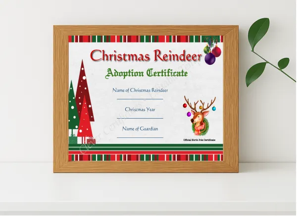 Realistic mockup featuring Reindeer Adoption Certificate displayed within a modern frame, set against a minimalistic background.