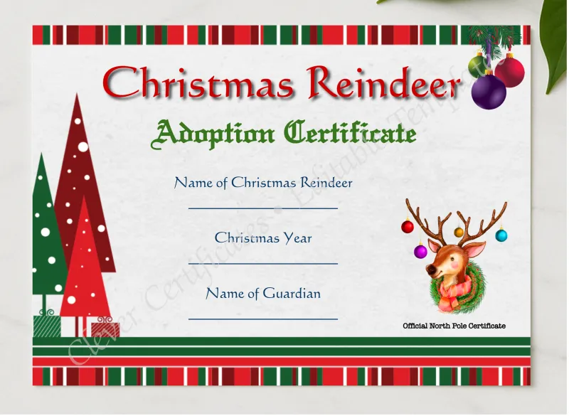 Reindeer Adoption Certificate presented in a sleek wooden frame, elegantly arranged on a stylish table.