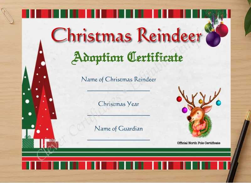 Professional preview of Reindeer Adoption Certificate certificate on high-quality stationery paper, ideal for showcasing the final look.