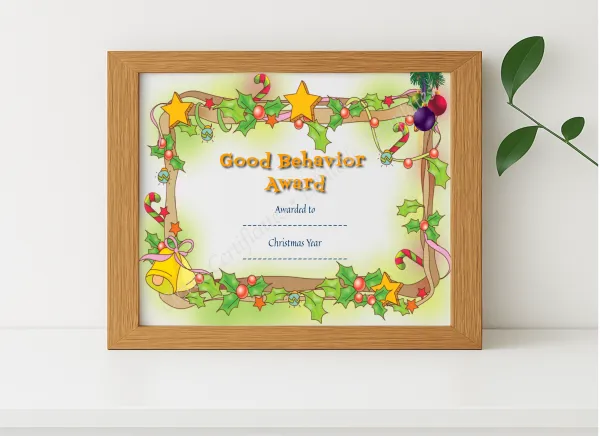 Realistic mockup featuring Good Behavior Award displayed within a modern frame, set against a minimalistic background.