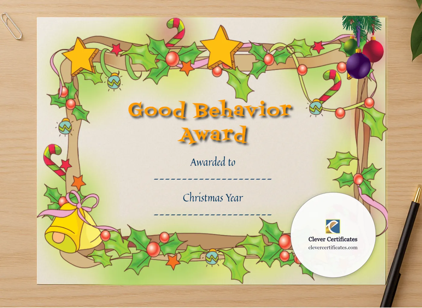 Professional preview of Good Behavior Award certificate on high-quality stationery paper, ideal for showcasing the final look.
