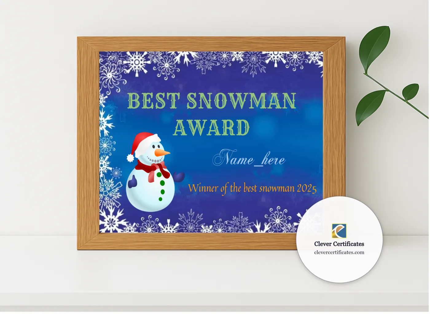 Realistic mockup featuring Best Snowman Award displayed within a modern frame, set against a minimalistic background.
