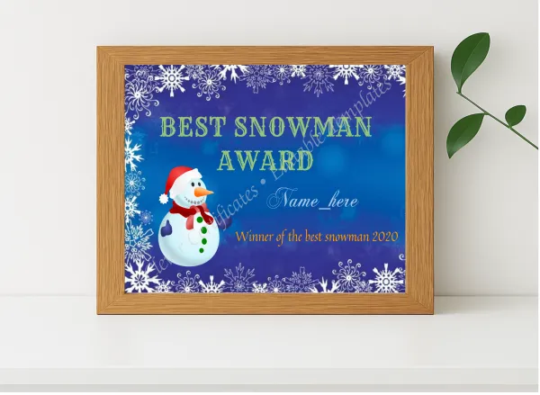 Realistic mockup featuring Best Snowman Award displayed within a modern frame, set against a minimalistic background.