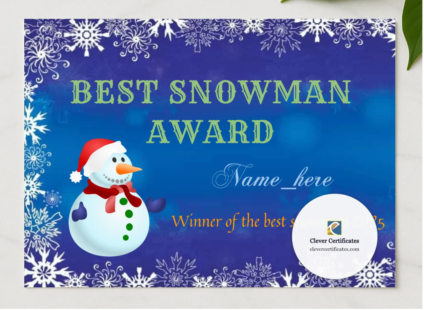 Best Snowman Award presented in a sleek wooden frame, elegantly arranged on a stylish table.