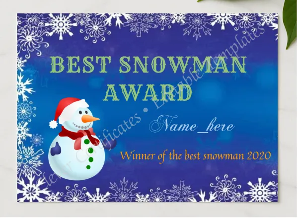 Best Snowman Award presented in a sleek wooden frame, elegantly arranged on a stylish table.