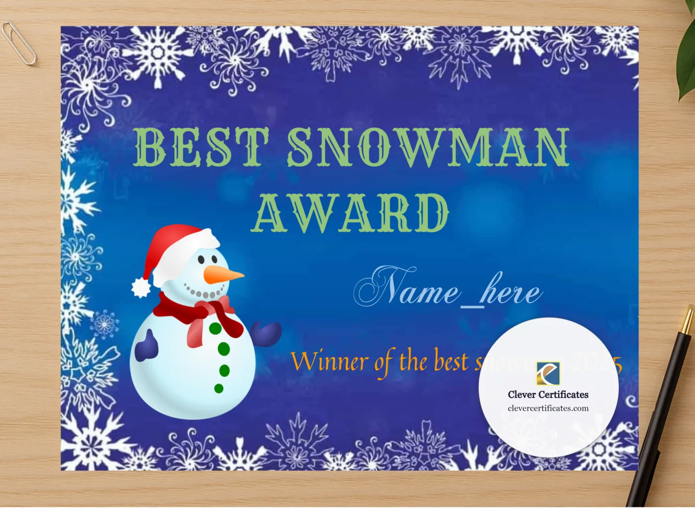 Professional preview of Best Snowman Award certificate on high-quality stationery paper, ideal for showcasing the final look.