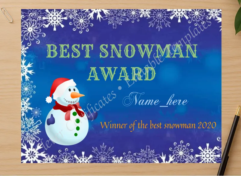 Professional preview of Best Snowman Award certificate on high-quality stationery paper, ideal for showcasing the final look.