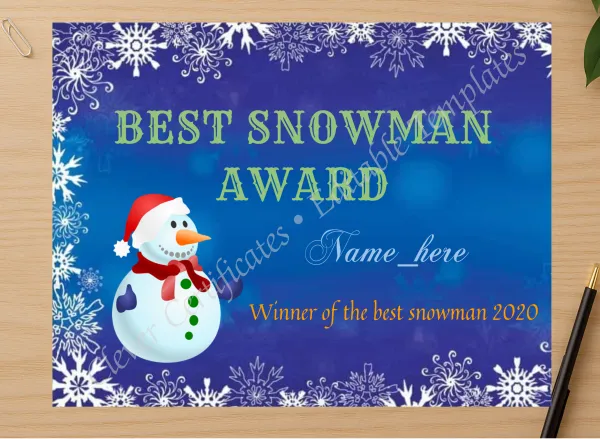Professional preview of Best Snowman Award certificate on high-quality stationery paper, ideal for showcasing the final look.