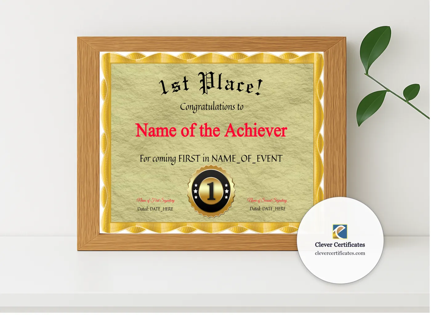 Realistic mockup featuring 1st Place Award displayed within a modern frame, set against a minimalistic background.