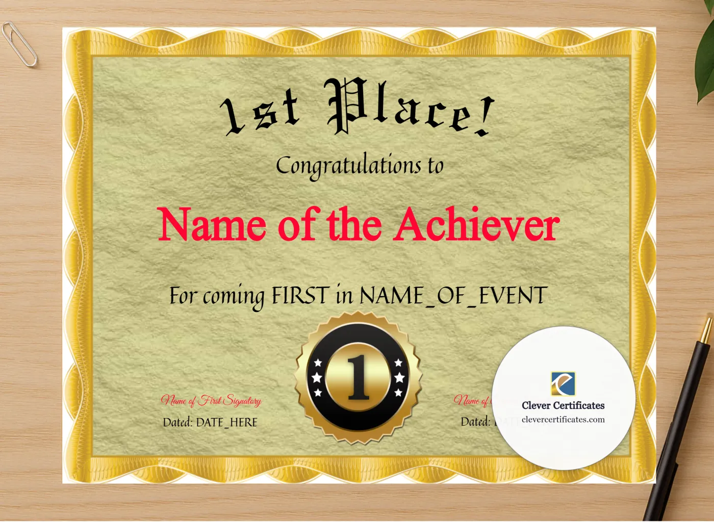 Professional preview of 1st Place Award certificate on high-quality stationery paper, ideal for showcasing the final look.