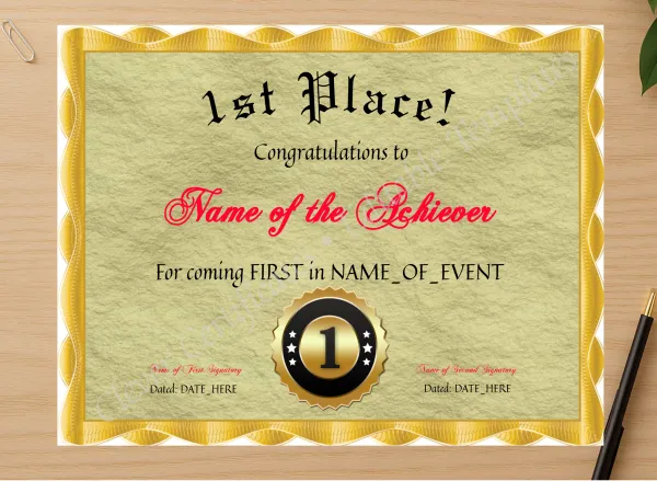 Professional preview of 1st Place Award certificate on high-quality stationery paper, ideal for showcasing the final look.