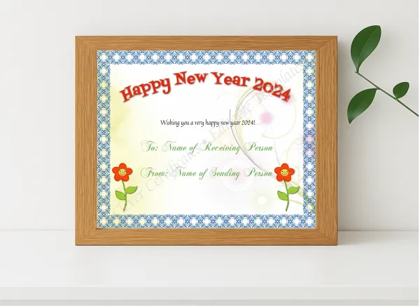 Realistic mockup featuring Happy New Year 2024 displayed within a modern frame, set against a minimalistic background.