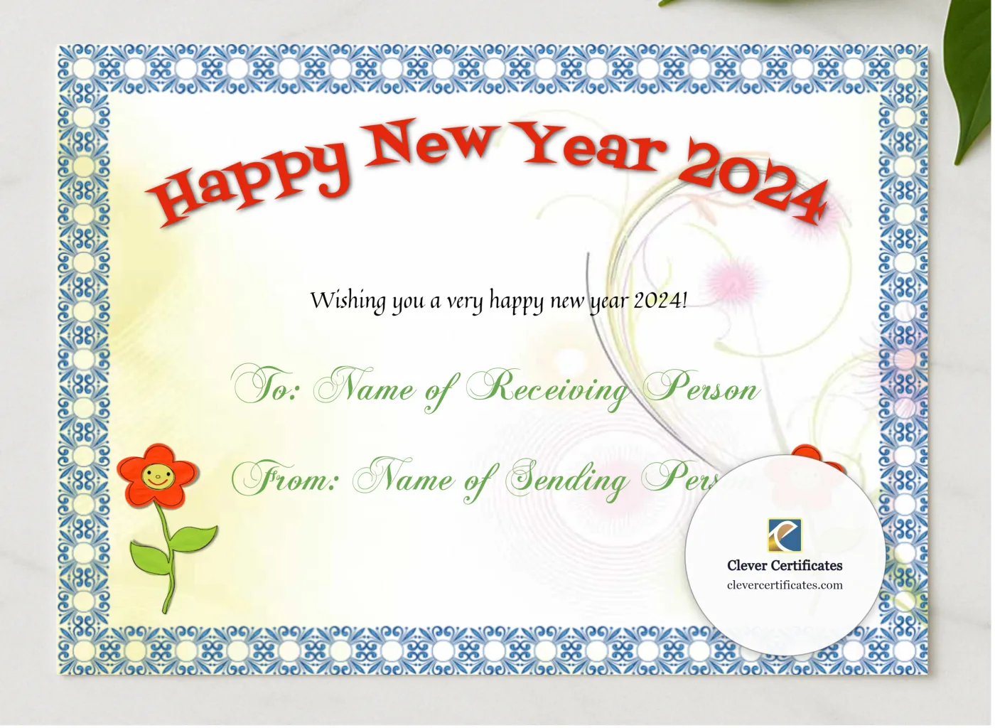 Happy New Year 2024 presented in a sleek wooden frame, elegantly arranged on a stylish table.