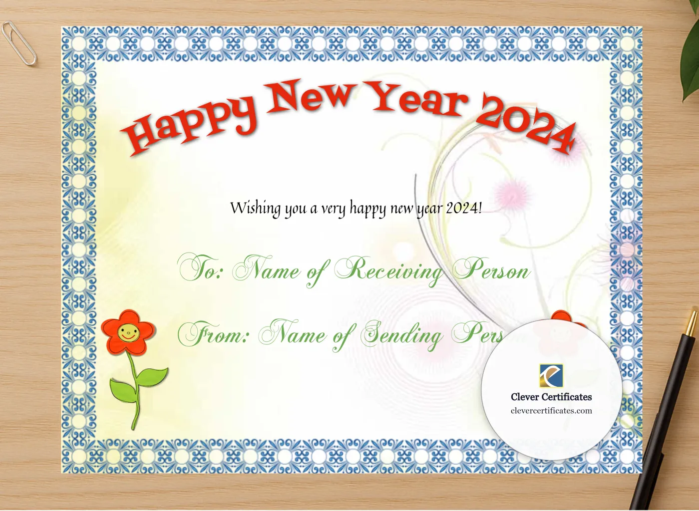 Professional preview of Happy New Year 2024 certificate on high-quality stationery paper, ideal for showcasing the final look.
