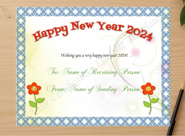 Professional preview of Happy New Year 2024 certificate on high-quality stationery paper, ideal for showcasing the final look.
