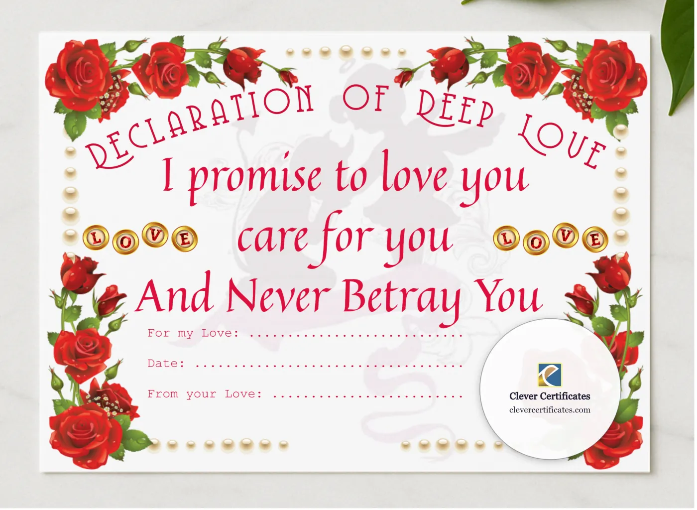 Declaration Of Deep Love presented in a sleek wooden frame, elegantly arranged on a stylish table.