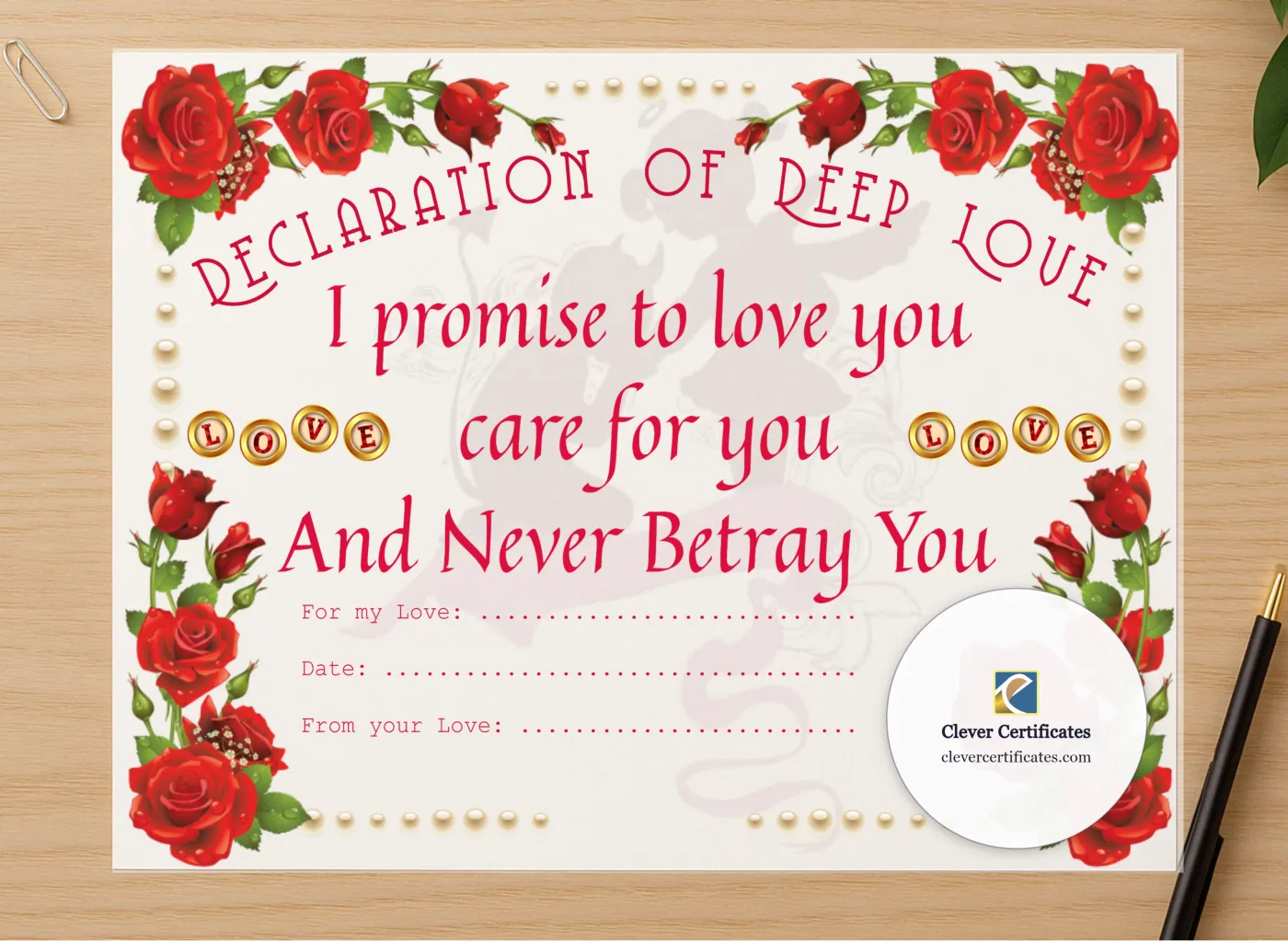 Professional preview of Declaration Of Deep Love certificate on high-quality stationery paper, ideal for showcasing the final look.