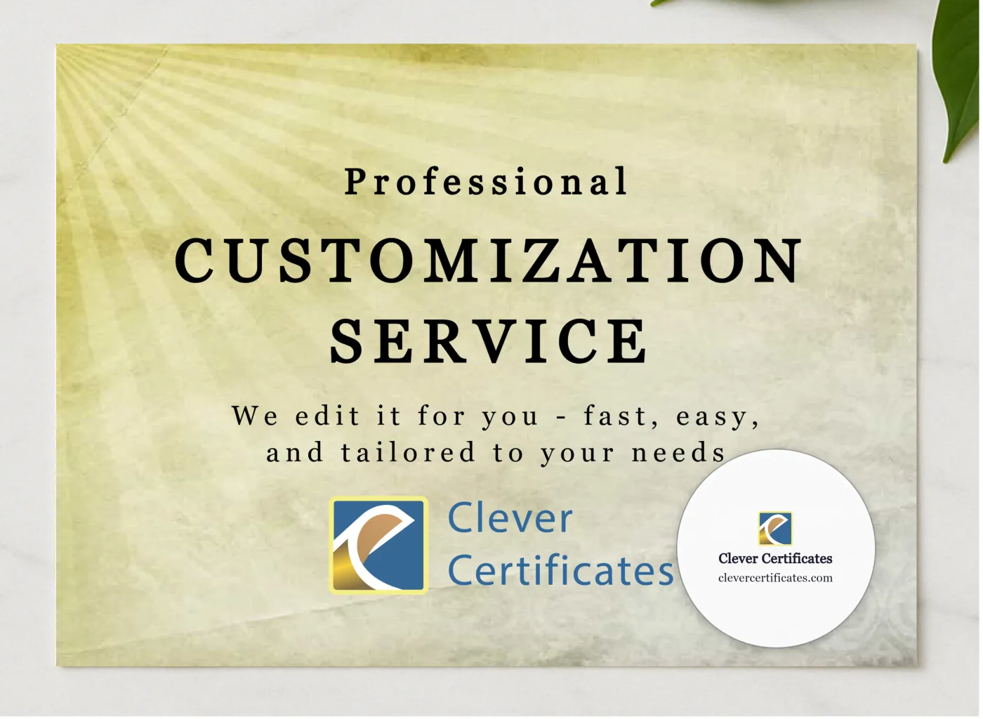 Editing Services Template Customization Add On presented in a sleek wooden frame, elegantly arranged on a stylish table.