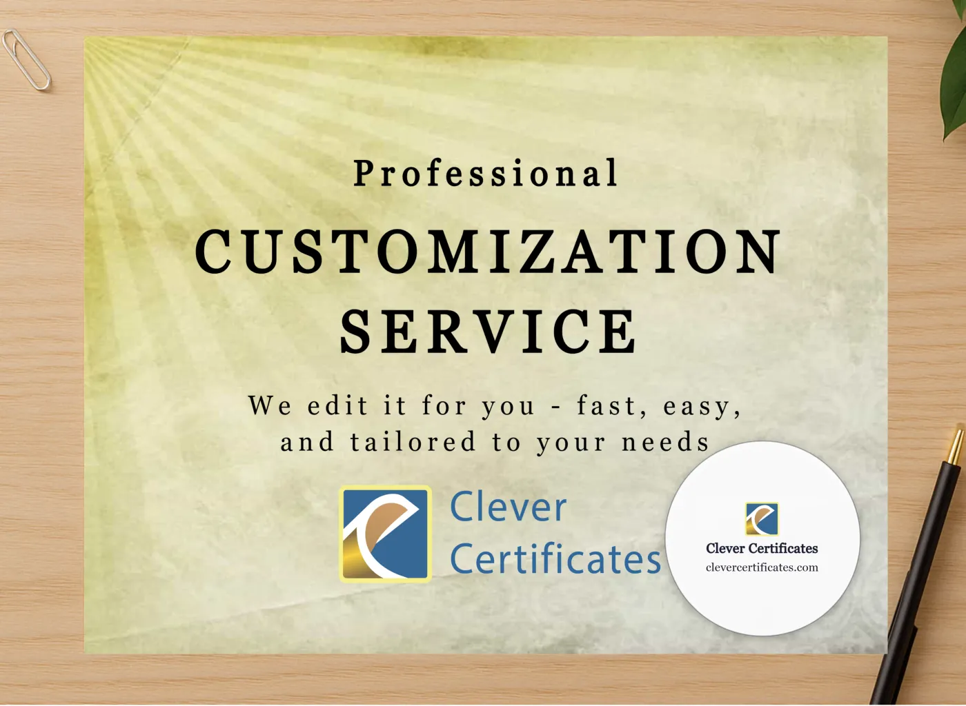Professional preview of Editing Services Template Customization Add On certificate on high-quality stationery paper, ideal for showcasing the final look.
