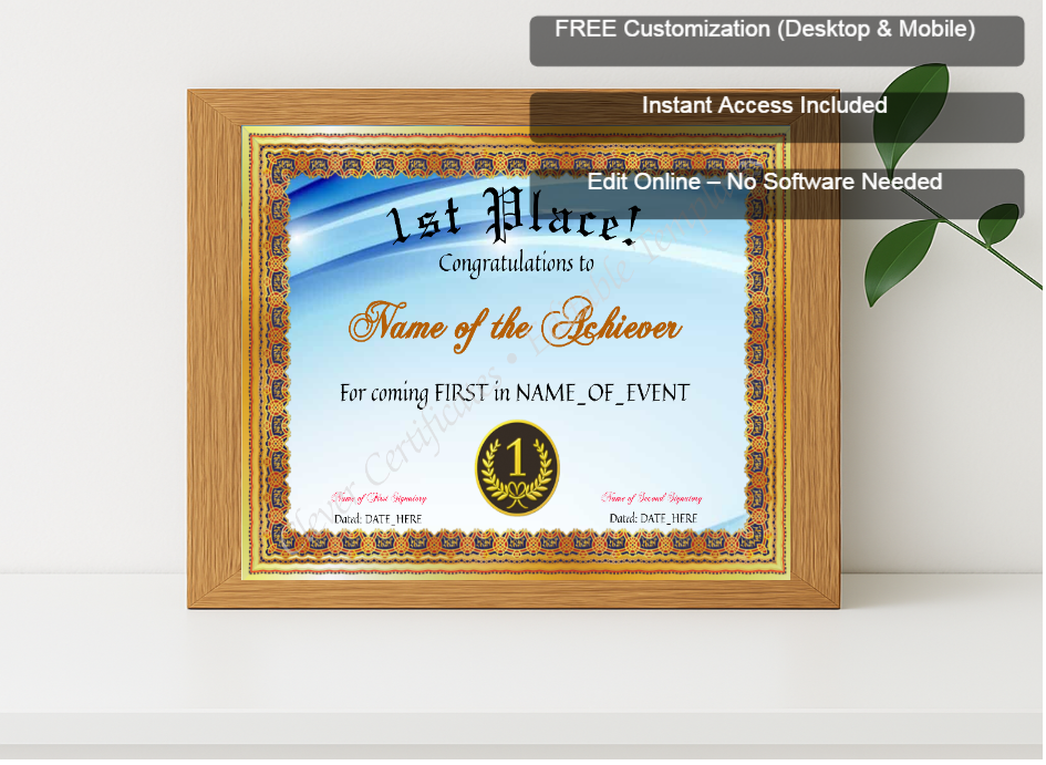 Premium mockup with Free Editor badge stack for 1st Place Certificate