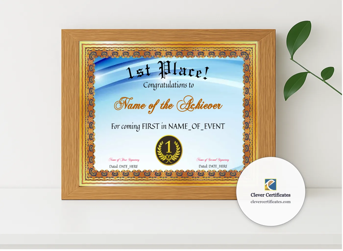Realistic mockup featuring 1st Place Certificate displayed within a modern frame, set against a minimalistic background.