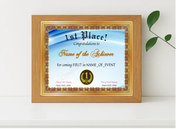 Realistic mockup featuring 1st Place Certificate displayed within a modern frame, set against a minimalistic background.