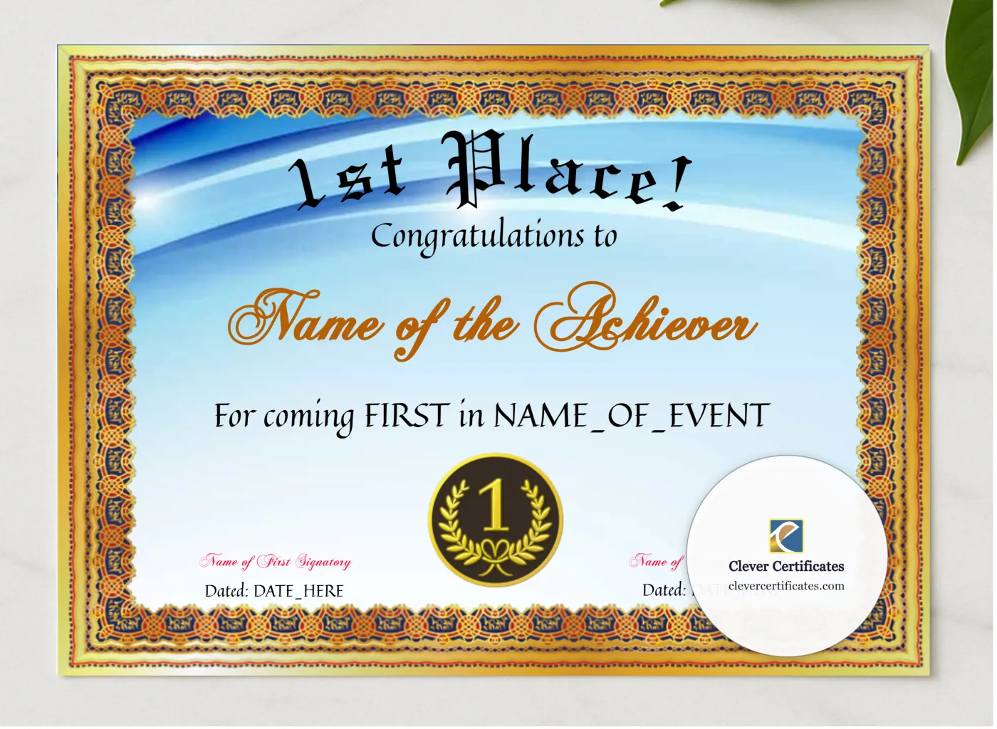 1st Place Certificate presented in a sleek wooden frame, elegantly arranged on a stylish table.