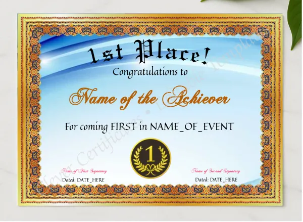 1st Place Certificate presented in a sleek wooden frame, elegantly arranged on a stylish table.