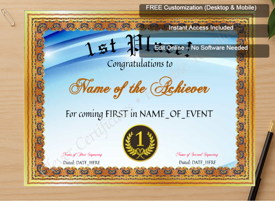 Zoomed preview with Free Editor badge stack for 1st Place Certificate