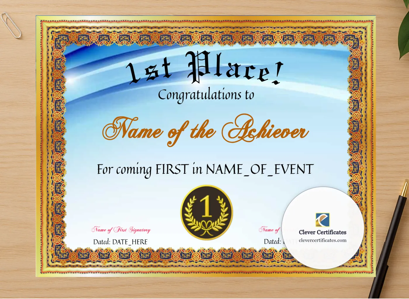 Professional preview of 1st Place Certificate certificate on high-quality stationery paper, ideal for showcasing the final look.