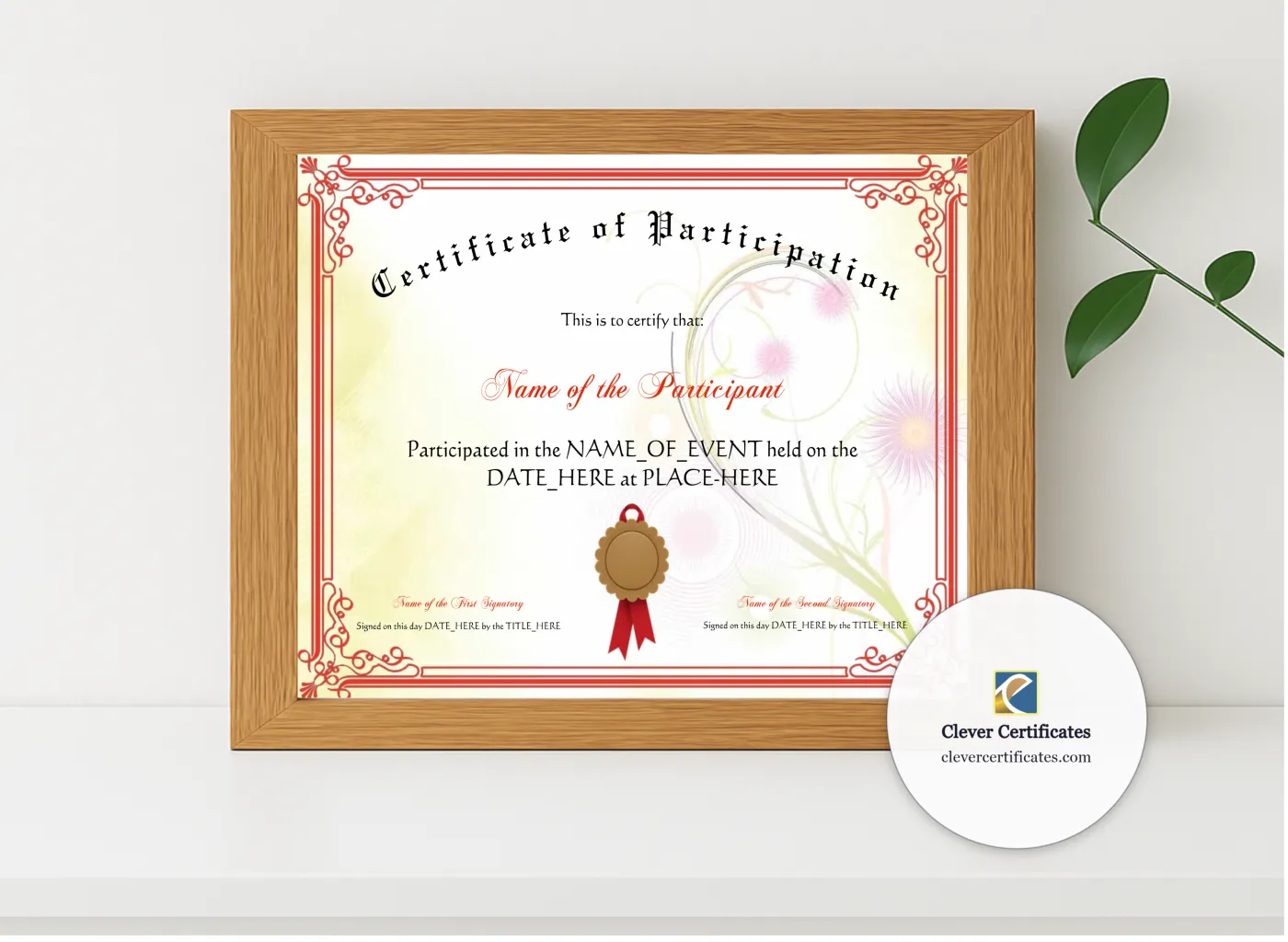 Realistic mockup featuring Certificate Of Participation displayed within a modern frame, set against a minimalistic background.