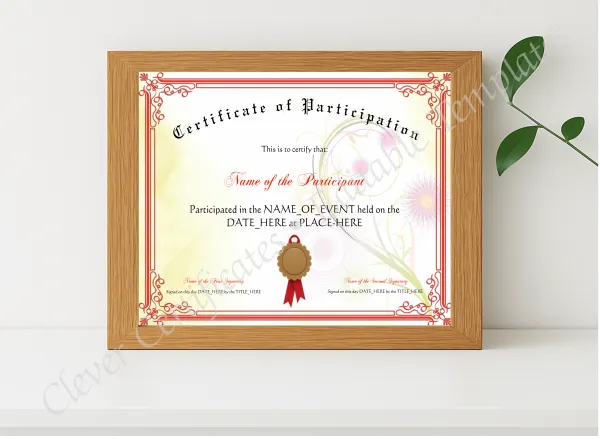 Realistic mockup featuring Certificate Of Participation displayed within a modern frame, set against a minimalistic background.