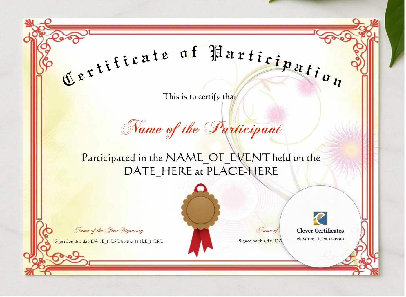 Certificate Of Participation presented in a sleek wooden frame, elegantly arranged on a stylish table.