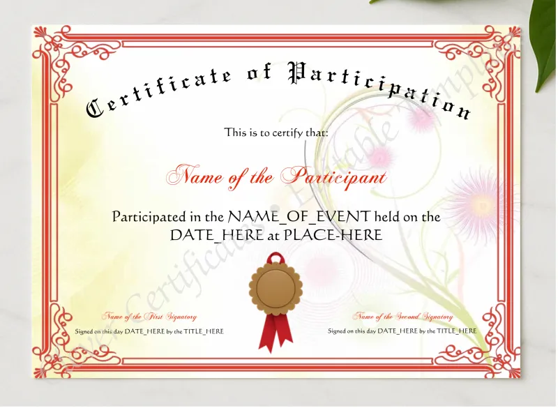 Certificate Of Participation presented in a sleek wooden frame, elegantly arranged on a stylish table.
