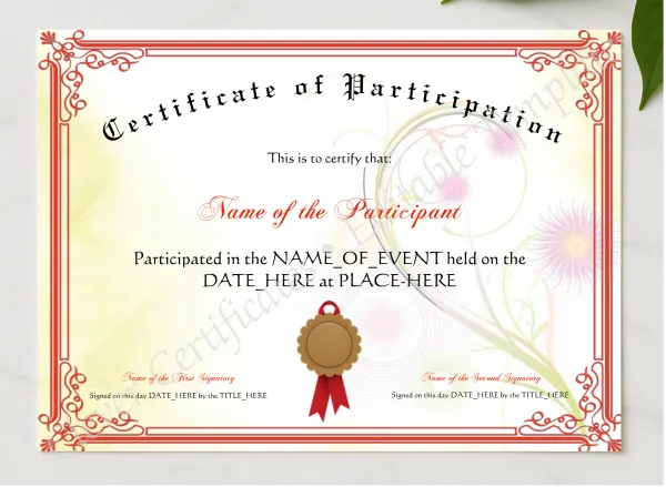 Certificate Of Participation presented in a sleek wooden frame, elegantly arranged on a stylish table.