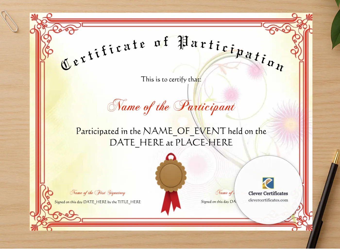 Professional preview of Certificate Of Participation certificate on high-quality stationery paper, ideal for showcasing the final look.