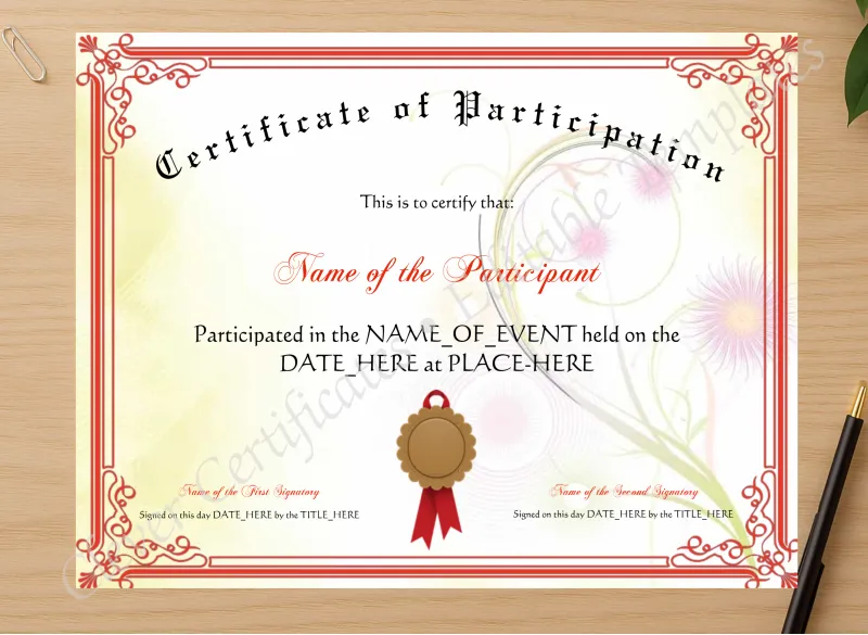 Professional preview of Certificate Of Participation certificate on high-quality stationery paper, ideal for showcasing the final look.