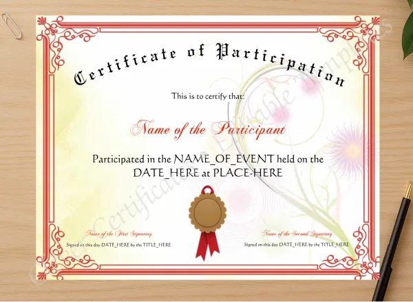 Professional preview of Certificate Of Participation certificate on high-quality stationery paper, ideal for showcasing the final look.