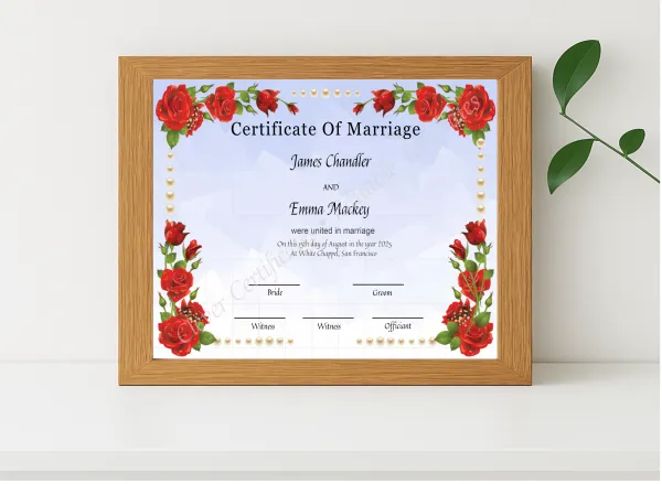 Realistic mockup featuring Usa Marriage Certificate displayed within a modern frame, set against a minimalistic background.