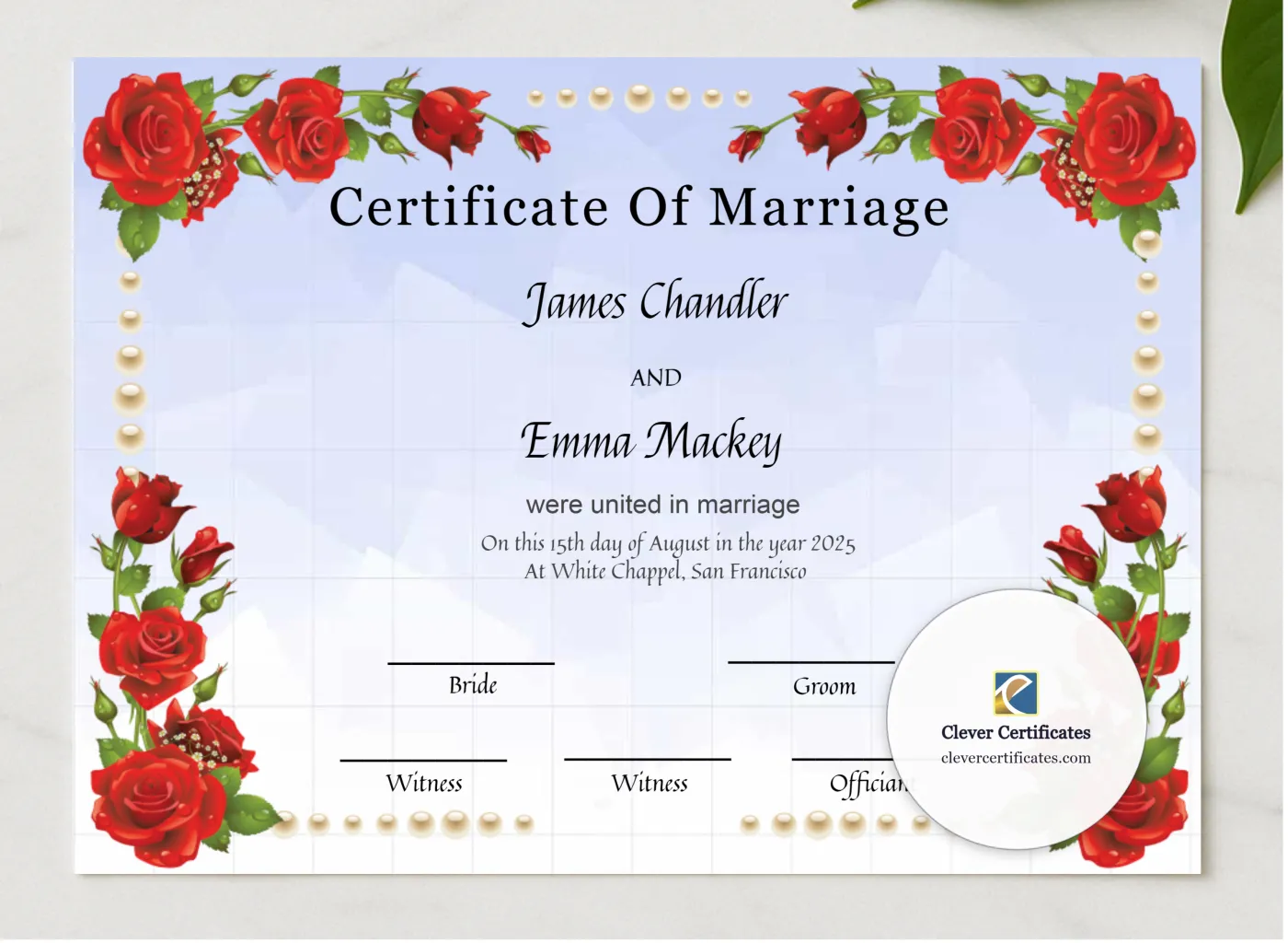 Usa Marriage Certificate presented in a sleek wooden frame, elegantly arranged on a stylish table.