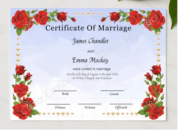 Usa Marriage Certificate presented in a sleek wooden frame, elegantly arranged on a stylish table.