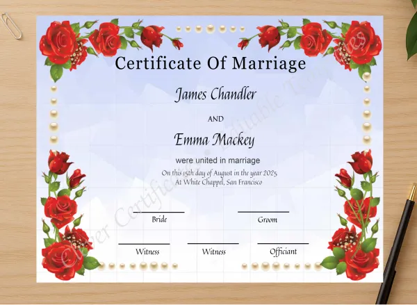 Professional preview of Usa Marriage Certificate certificate on high-quality stationery paper, ideal for showcasing the final look.
