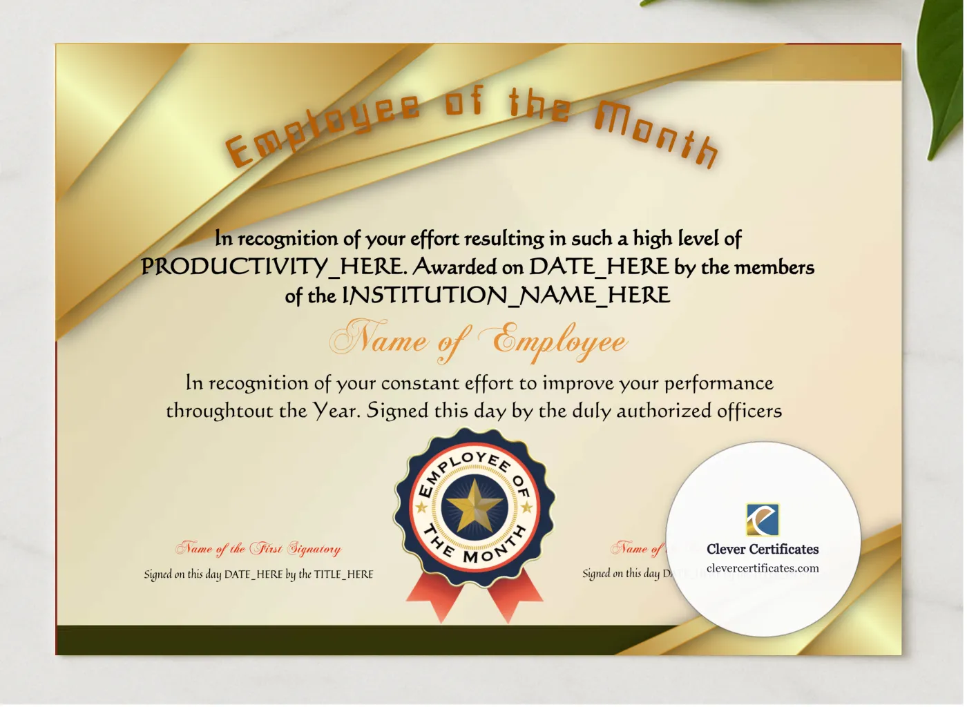 Employee Of The Month presented in a sleek wooden frame, elegantly arranged on a stylish table.