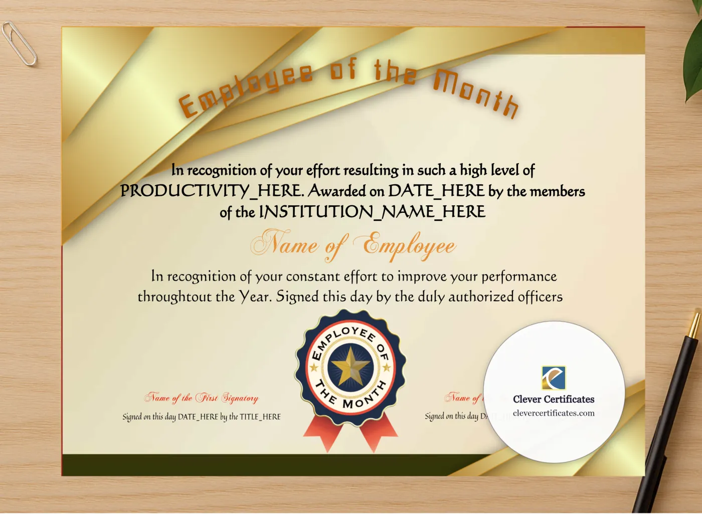 Professional preview of Employee Of The Month certificate on high-quality stationery paper, ideal for showcasing the final look.