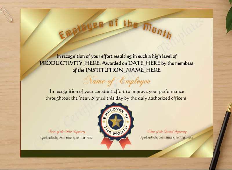 Professional preview of Employee Of The Month certificate on high-quality stationery paper, ideal for showcasing the final look.