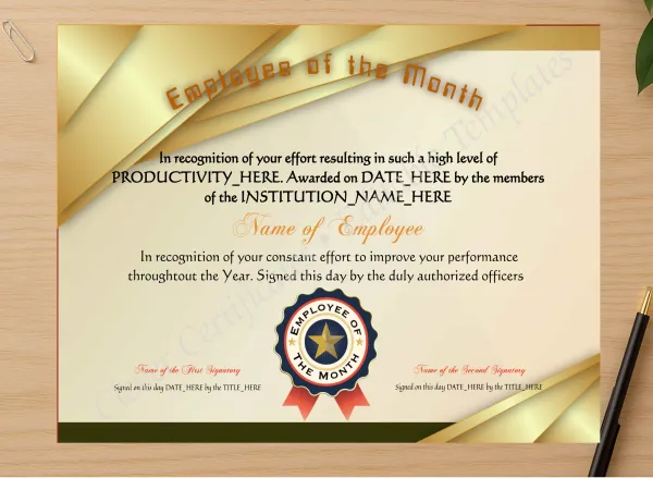 Professional preview of Employee Of The Month certificate on high-quality stationery paper, ideal for showcasing the final look.