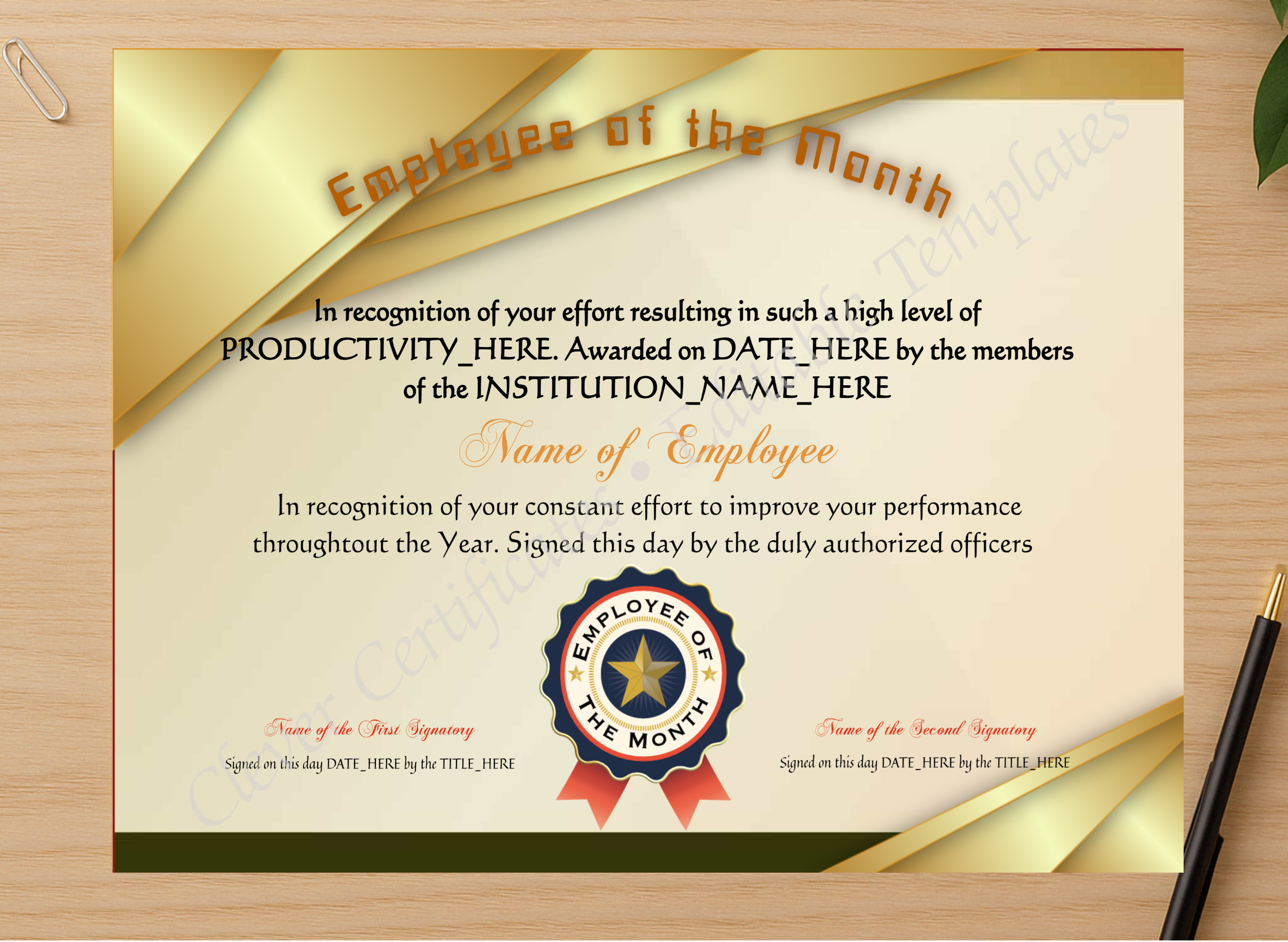 Professional preview of Employee Of The Month certificate on high-quality stationery paper, ideal for showcasing the final look.
