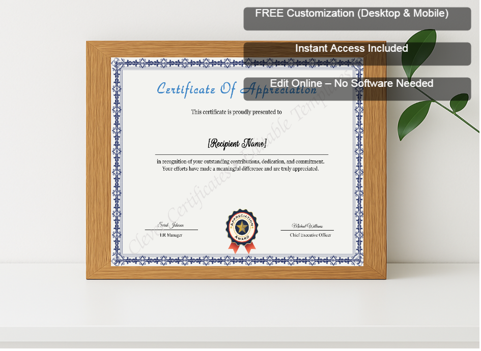 Premium mockup with Free Editor badge stack for Appreciation Certificate Template