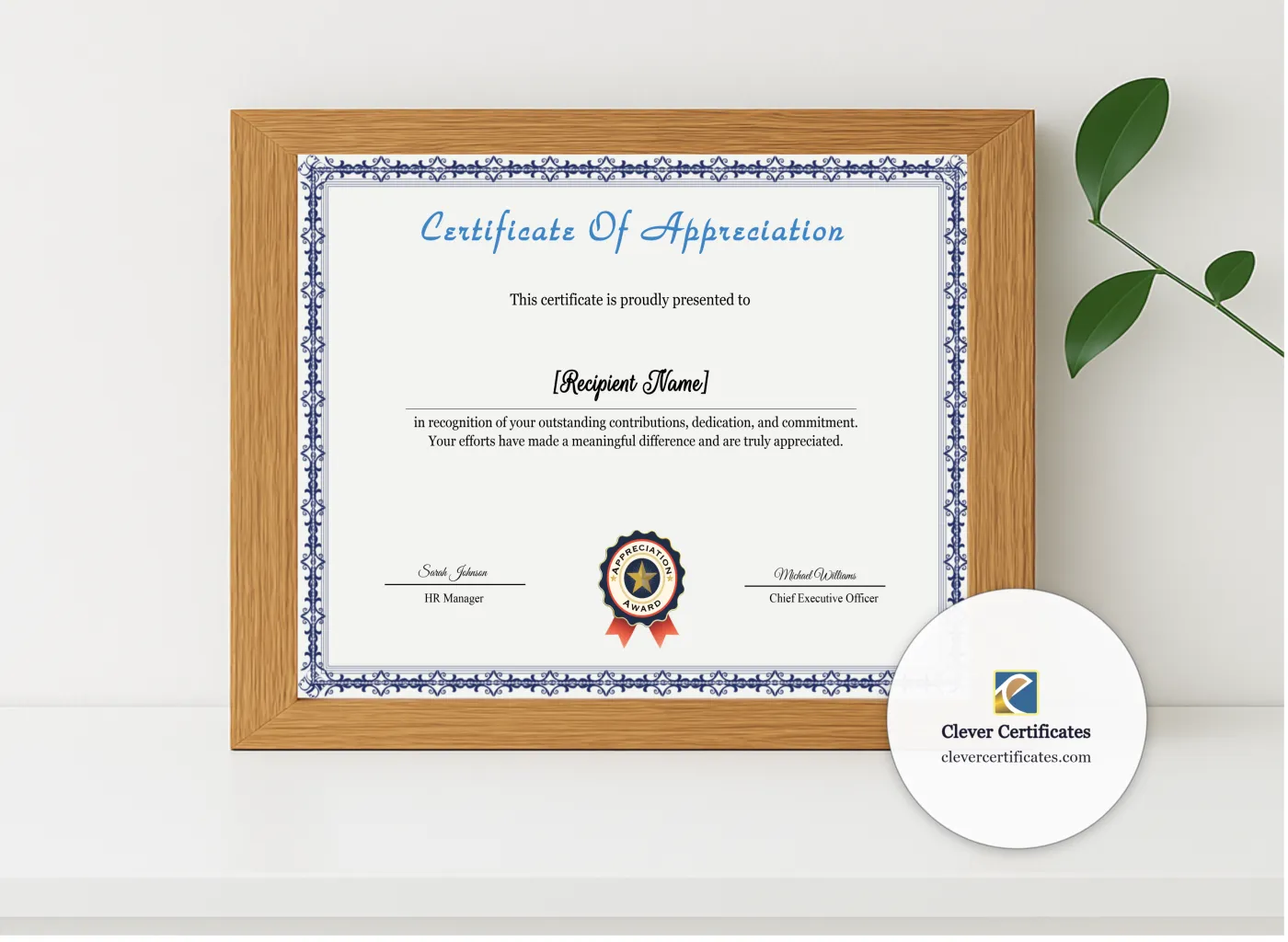 Realistic mockup featuring Appreciation Certificate Template displayed within a modern frame, set against a minimalistic background.