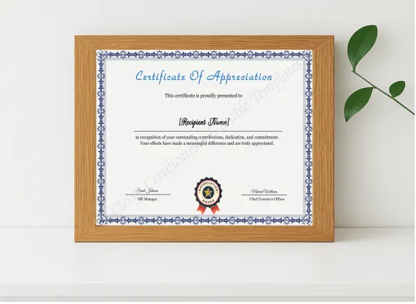 Realistic mockup featuring Appreciation Certificate Template displayed within a modern frame, set against a minimalistic background.